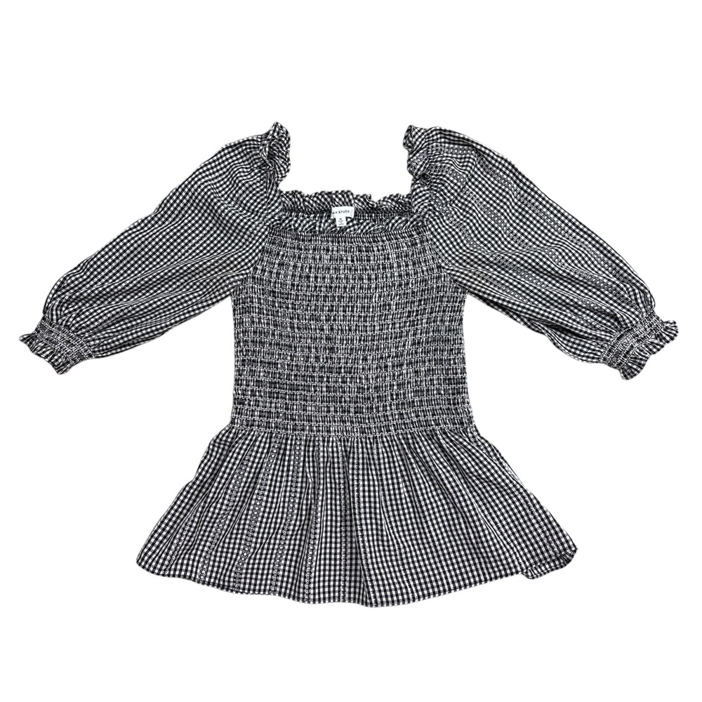MAX STUDIO Gingham Square Neck Smocked Puff Sleeve Mini Dress Medium Black White